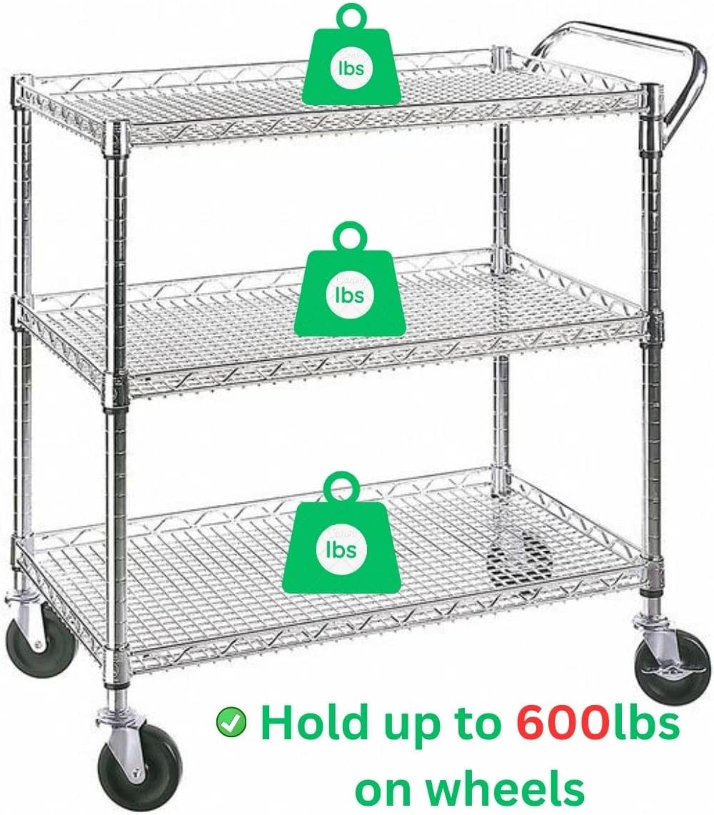 Heavy Duty 3 Tier Rolling Utility Cart Kitchen Cart on Wheels Metal Serving Cart Commercial Grade with Wire Shelving and Handle Bar for Kitchen Office Hardware