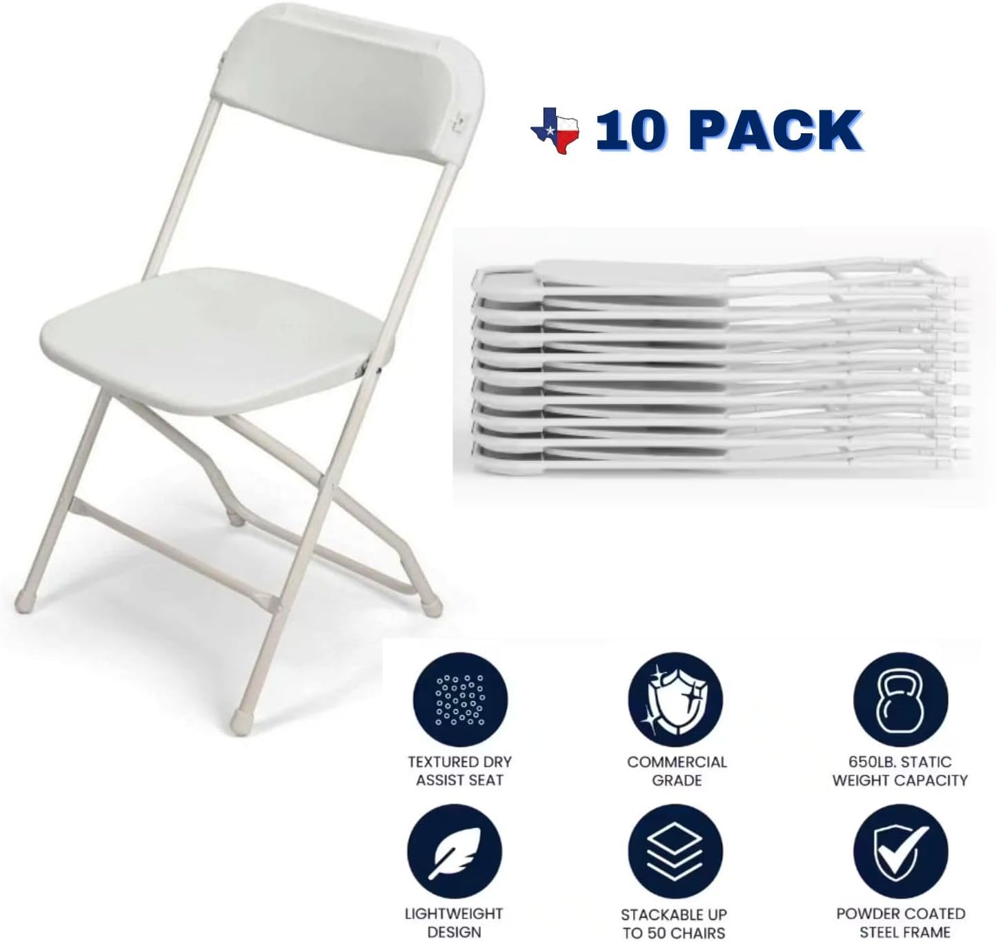 Ultra-Strong White Folding Chairs 10-Pack, 650 lb Capacity, Durable & Comfortable for Any Occasion