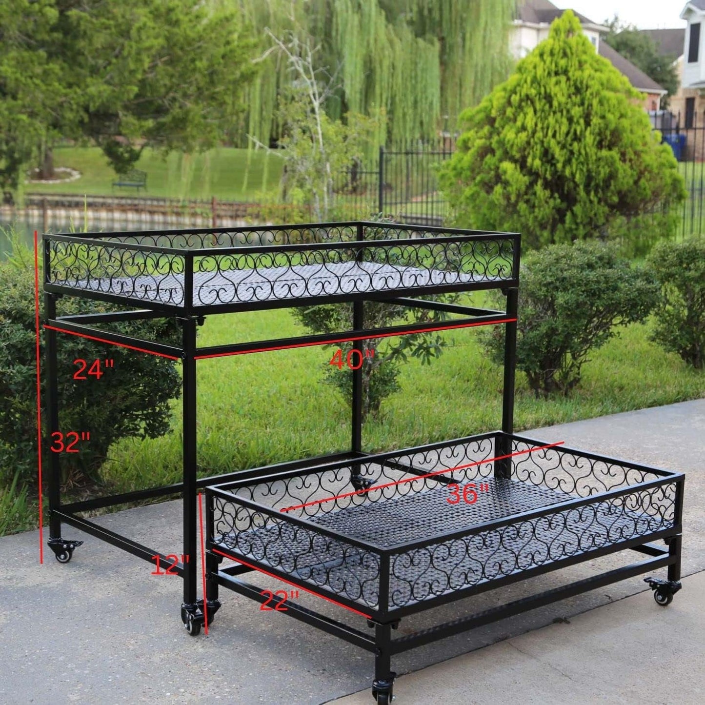 2-Tiers Metal Mobile Raised Garden Succulent Flower Stand, Floor Standing Elevated Balcony Planter Garden Stand with Wheels, Indoor-Outdoor Flower Pot Black Rack and Storage Shelf