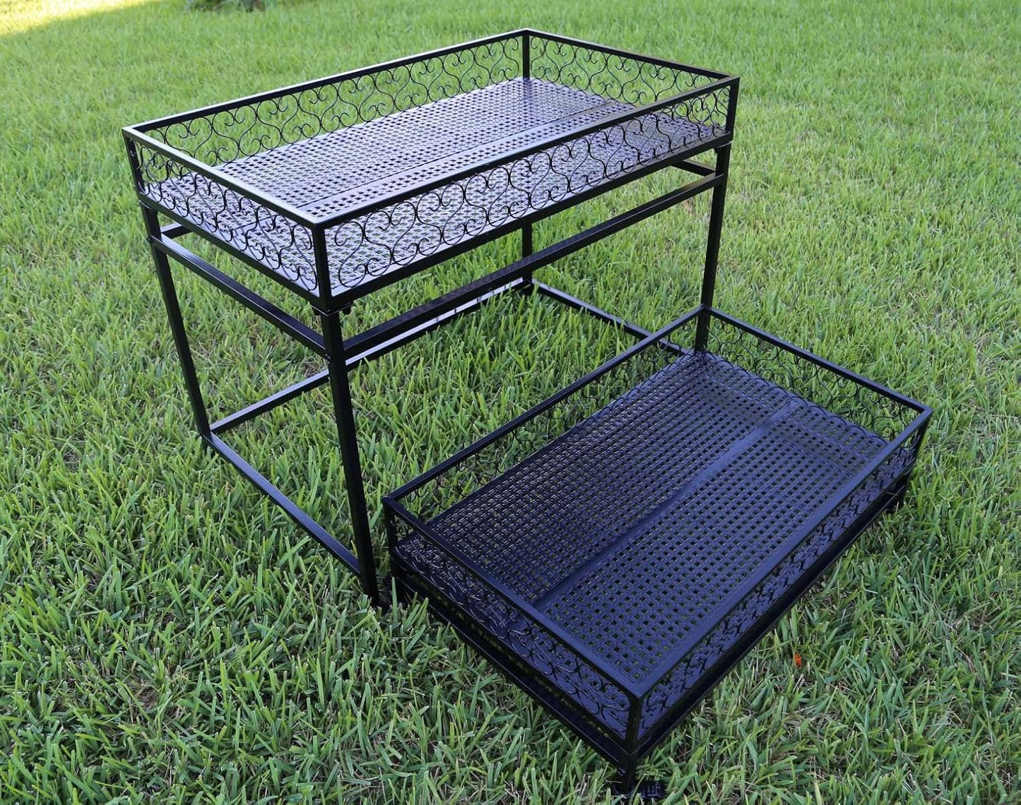 2-Tiers Metal Mobile Raised Garden Succulent Flower Stand, Floor Standing Elevated Balcony Planter Garden Stand with Wheels, Indoor-Outdoor Flower Pot Black Rack and Storage Shelf