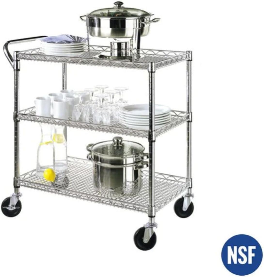 Heavy Duty 3 Tier Rolling Utility Cart Kitchen Cart on Wheels Metal Serving Cart Commercial Grade with Wire Shelving and Handle Bar for Kitchen Office Hardware